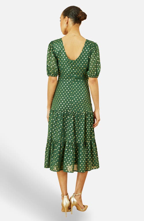 Yumi Foil Spot Midi Dress With Scoop Back In Green