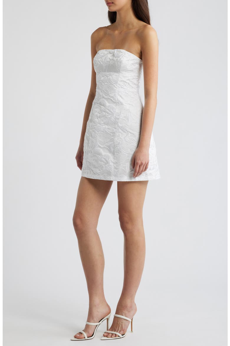 Cross Your Heart Floral Jacquard Strapless Minidress, Alternate, color, WHITE