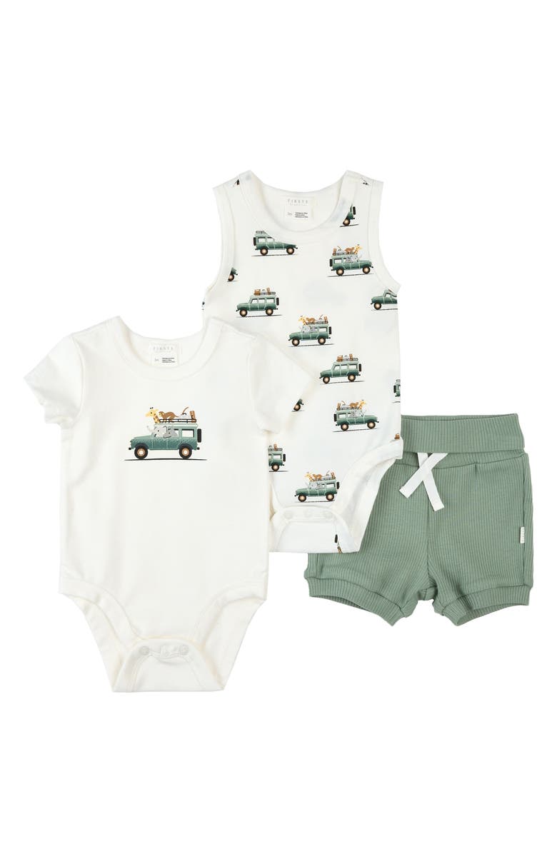 FIRSTS by Petit Lem Safari Vehicle Print 3-Piece Cotton Bodysuits & Rib Shorts Set, Main, color,