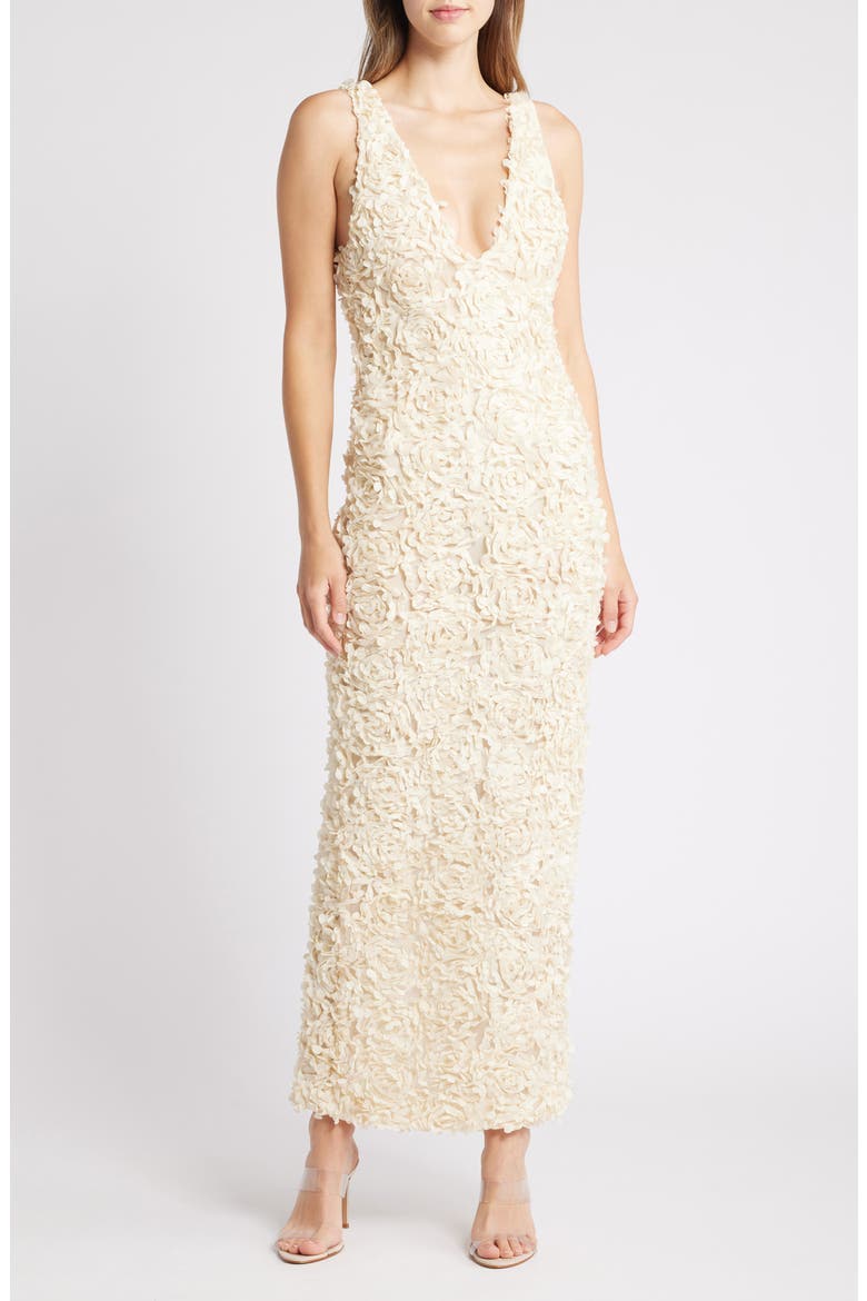 Carena 3D Floral Appliqué Plunge Neck Gown, Alternate, color, BLEACHED SAND