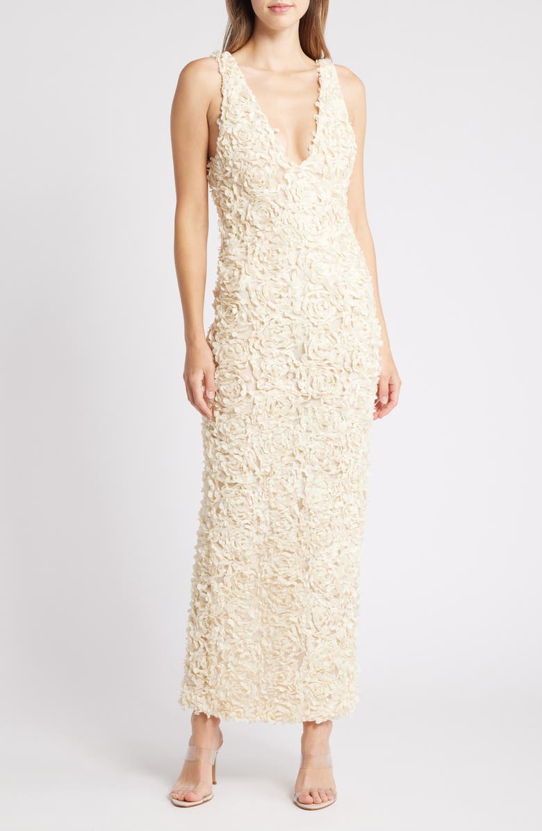 HOUSE OF CB Carena 3D Floral Appliqué Plunge Neck Gown, Alternate, color, Bleached Sand