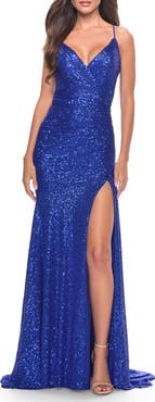 La Femme Long Sequin Gown with Dramatic Flare Skirt and Slit