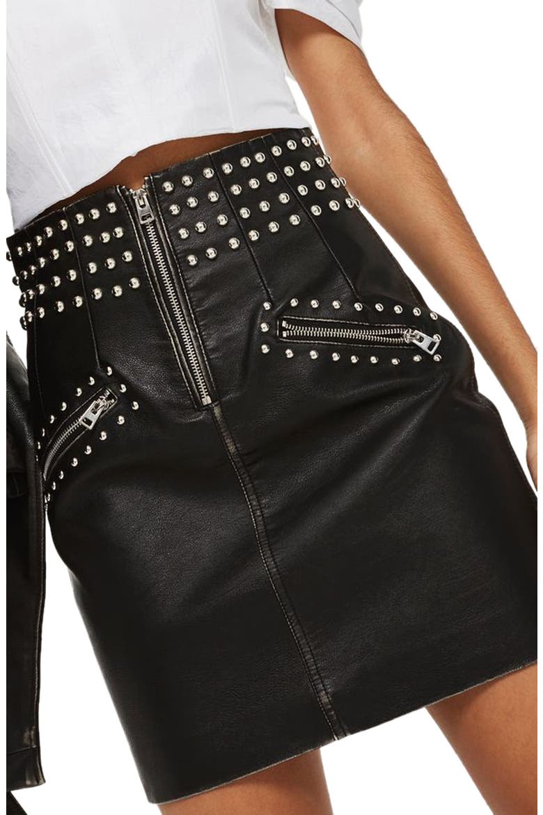 Amy Studded Faux Leather High Waist Skirt, Main, color, BLACK MULTI