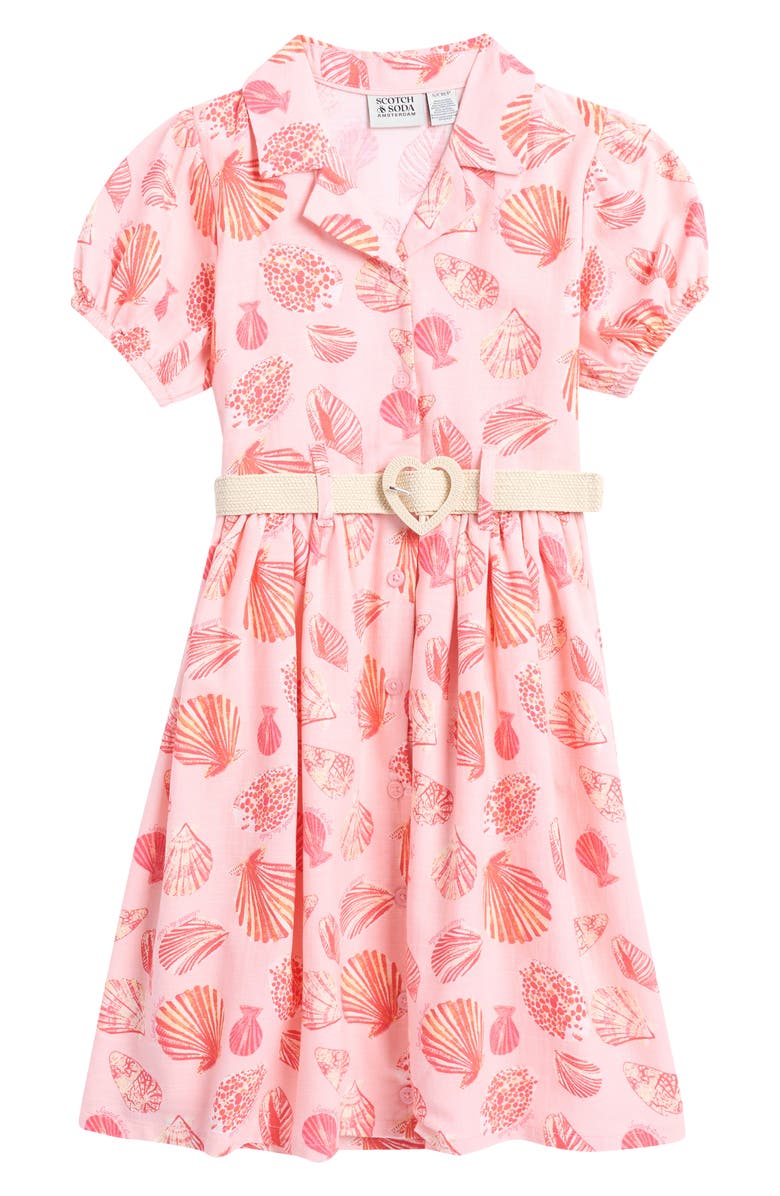 Scotch & Soda Kids' Shell Print Belted Shirtdress, Main, color, Impatiens Pink