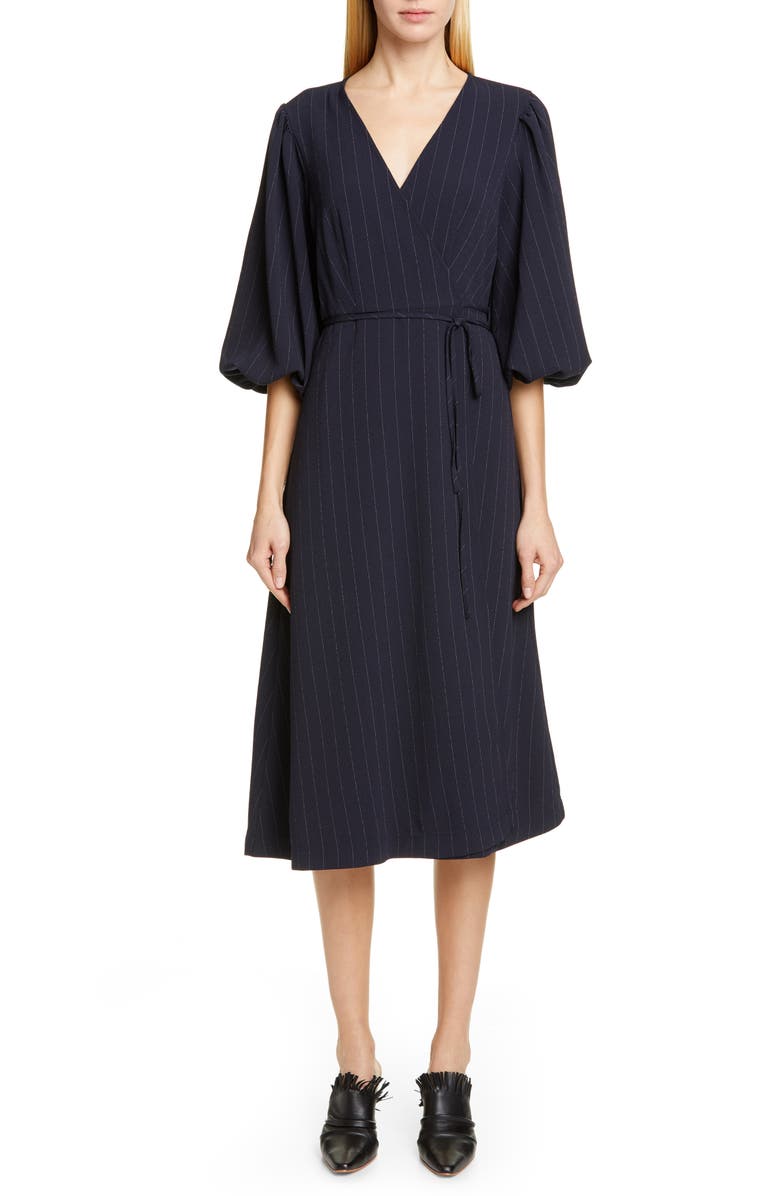 Ganni Heavy Crepe Midi Wrap Dress, Main, color, 
