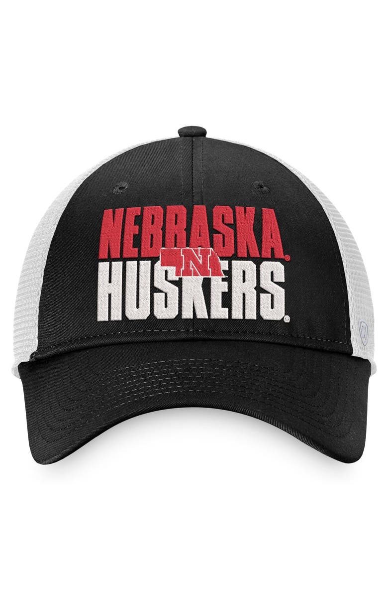 TOP OF THE WORLD Men's Top of the World Black/White Nebraska Huskers Stockpile Trucker Snapback Hat, Alternate, color,