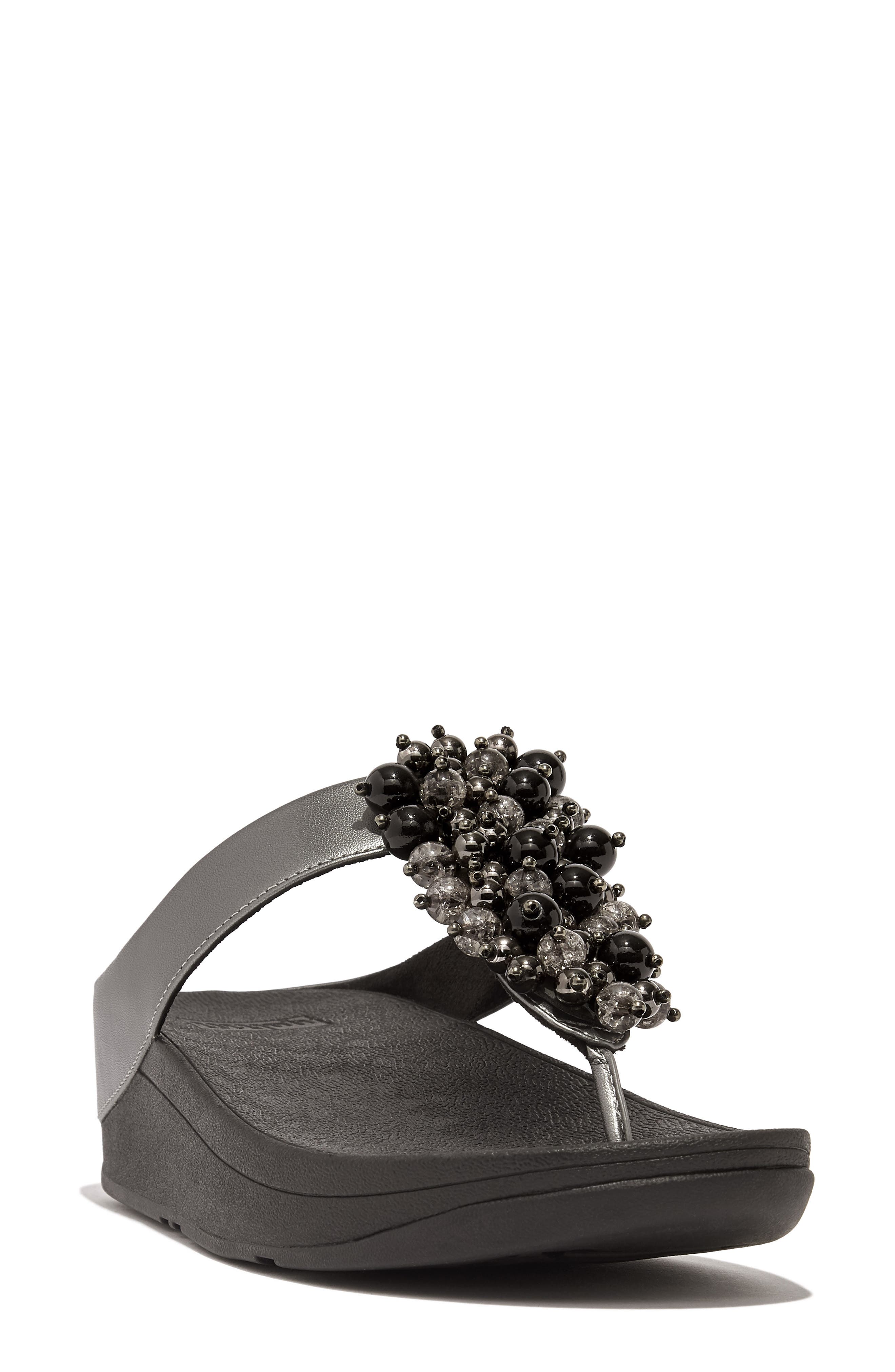 Fino Bauble-bead toe-post sandals, Main, color, PEWTER BLACK