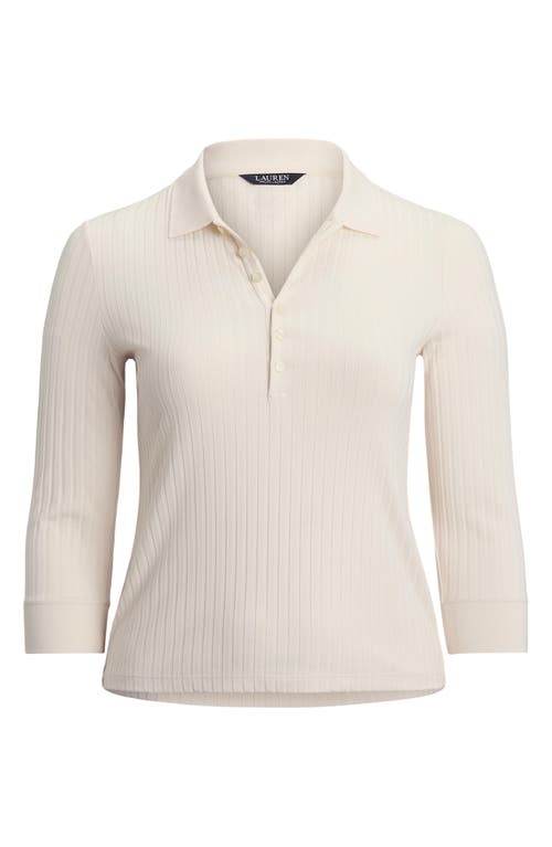 Ralph Lauren Rib-knit Three-quarter-sleeve Polo Shirt In White