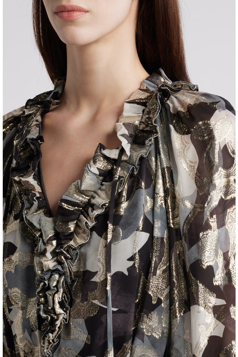 Jenson Metallic Ruffle Long Sleeve Silk Dress, Alternate, color, GRAPHITE