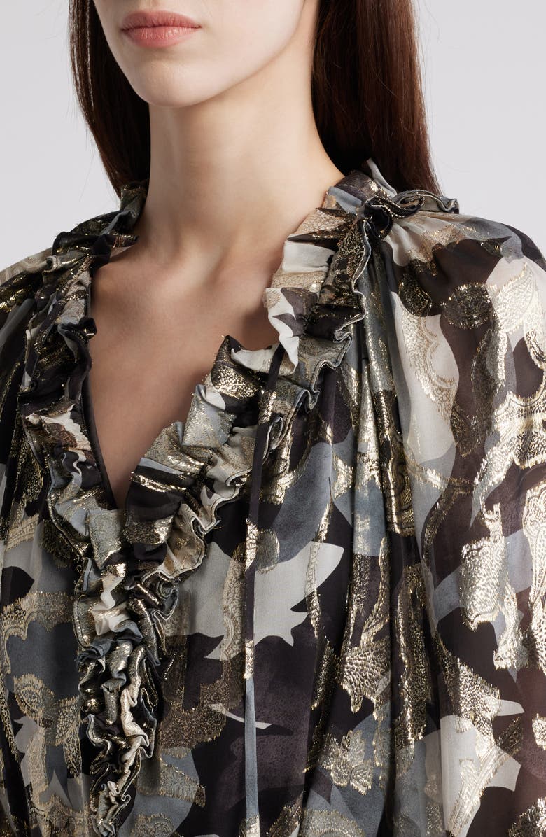 KOBI HALPERIN Jenson Metallic Ruffle Long Sleeve Silk Dress, Alternate, color, Graphite