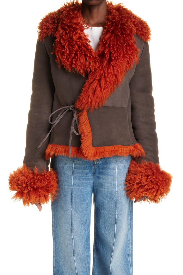 Lakia Suede & Genuine Shearling Wrap Jacket, Main, color, RUST ORANGE