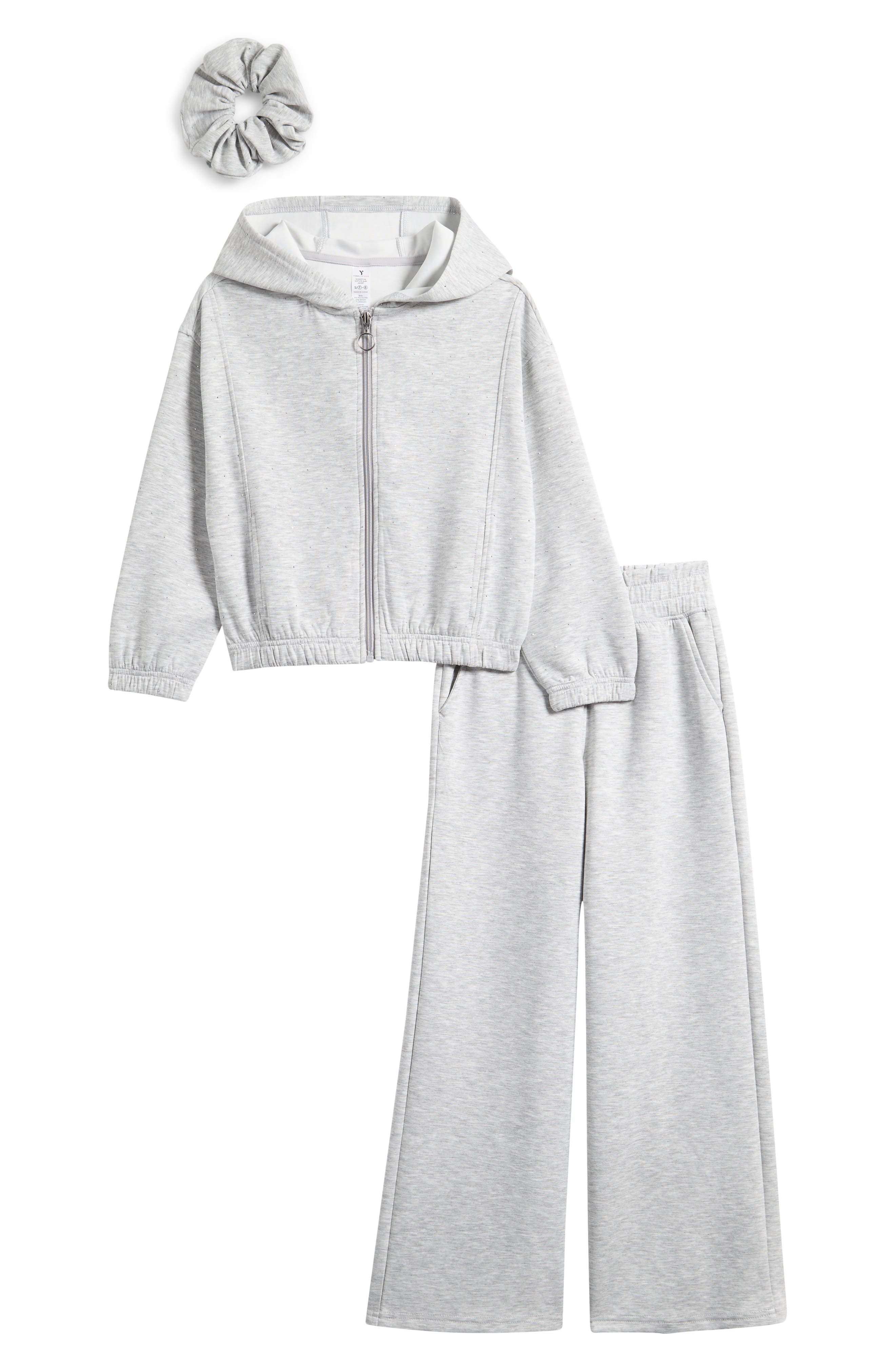 YOGALICIOUS Kids' Rhinestone Zip-Up Hoodie, Flare Sweatpants & Scrunchie Set
