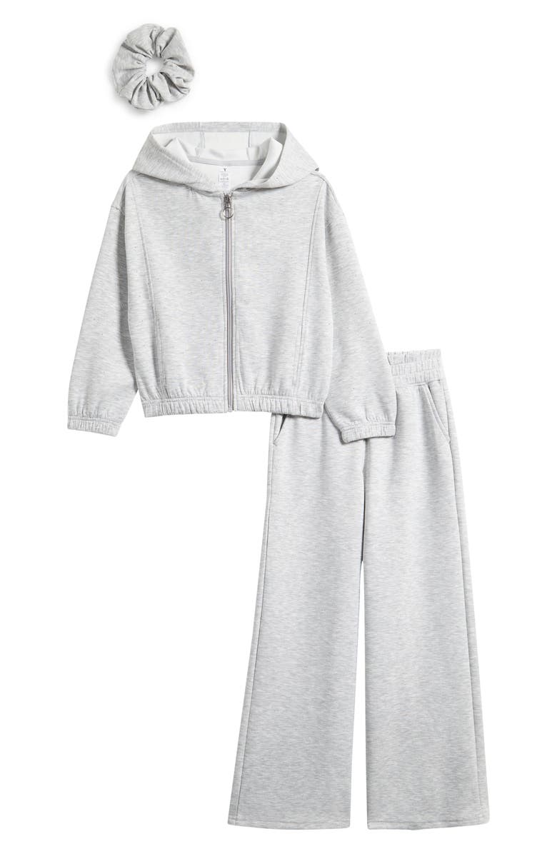 YOGALICIOUS Kids' Rhinestone Zip-Up Hoodie, Flare Sweatpants & Scrunchie Set, Main, color, Heather Grey