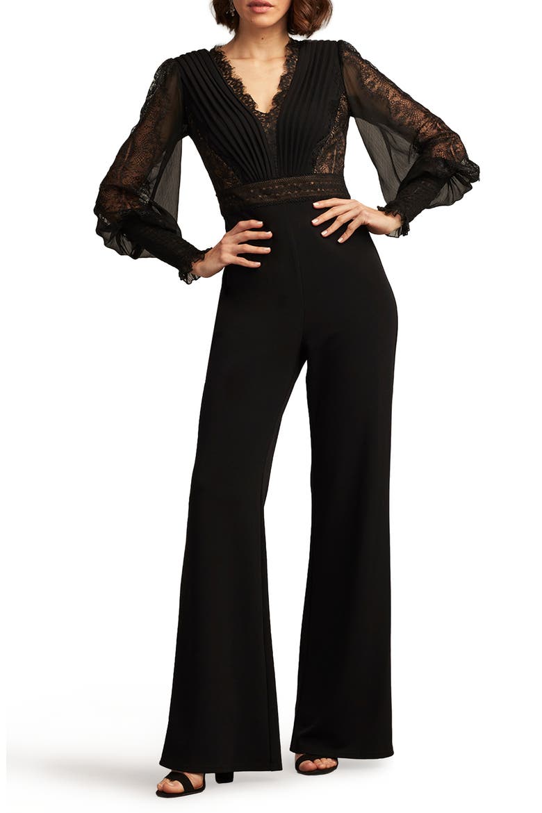 Pintuck Pleat Long Sleeve Jumpsuit, Alternate, color, BLACK/NUDE