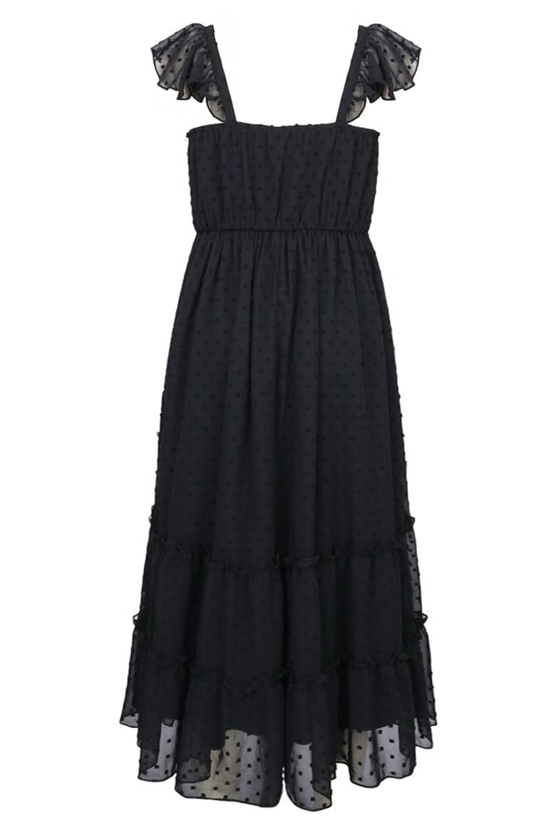 Kids' Embroidered Flutter Sleeve Clip Dot Chiffon Party Maxi Dress, Alternate, color, BLACK