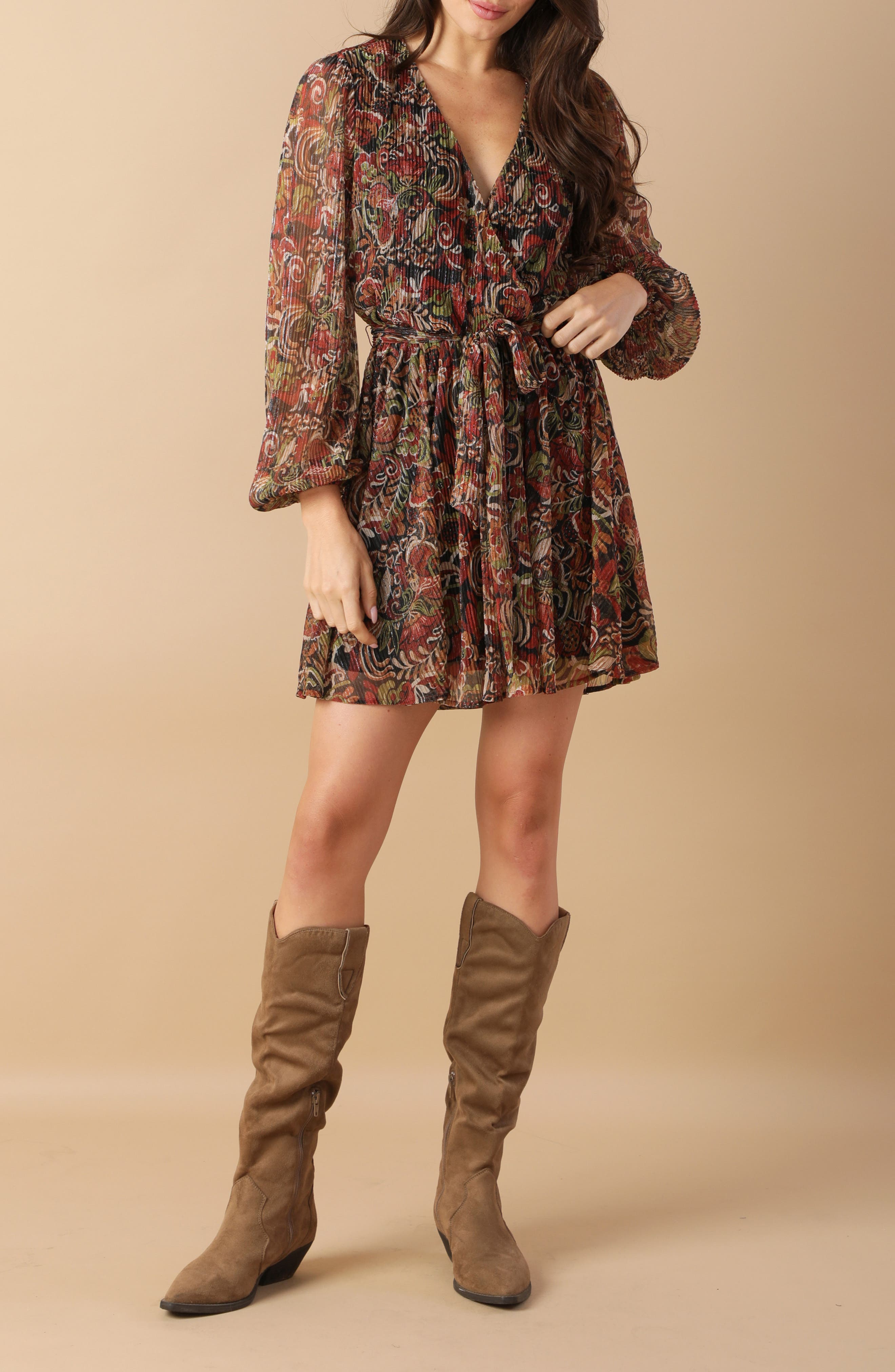 Long Sleeve Metallic Plissé Minidress