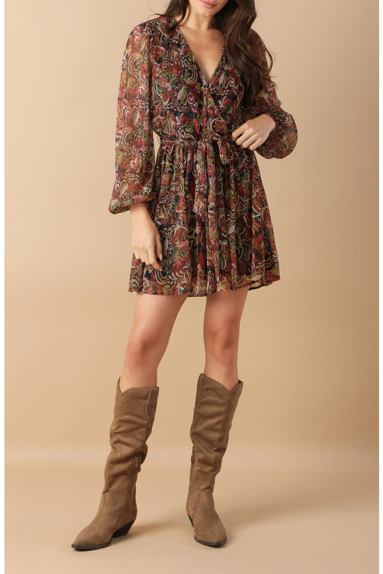 Long Sleeve Metallic Plissé Minidress, Alternate, color, BLACK/ RED MULTI
