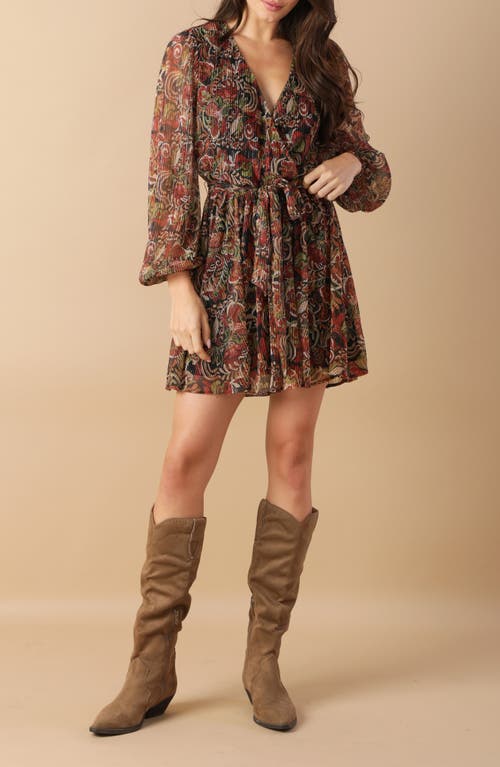 Flying Tomato Long Sleeve Metallic Plissé Minidress In Brown