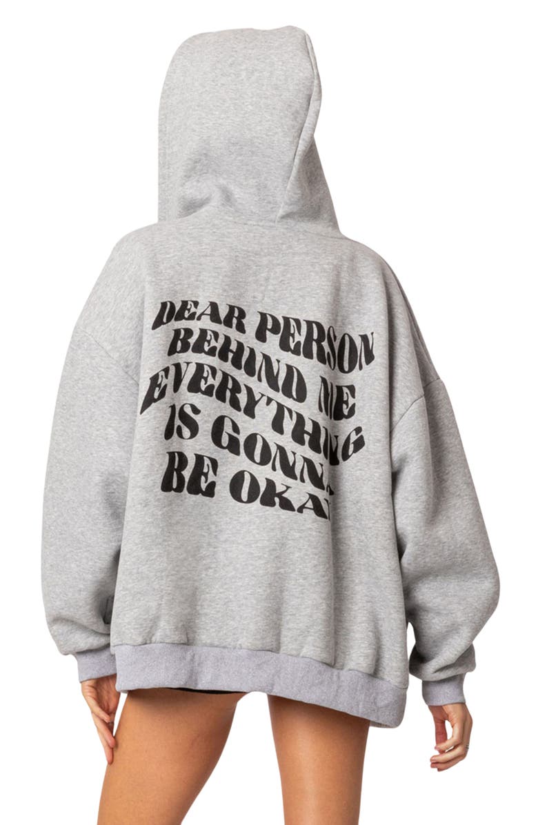 EDIKTED Everything's Okay Oversize Graphic Zip Hoodie, Alternate, color, Gray Melange