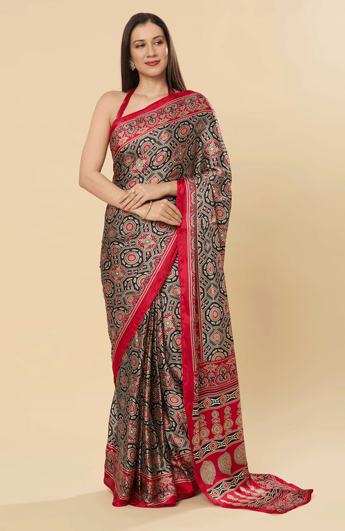One Minute Saree® Zoya Ajrakh Red Pre-draped Satin Printed Saree