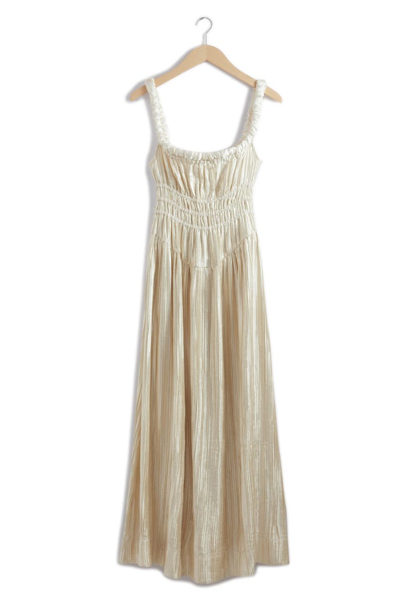 Pleated Metallic Satin Dress, Alternate, color, CREAM