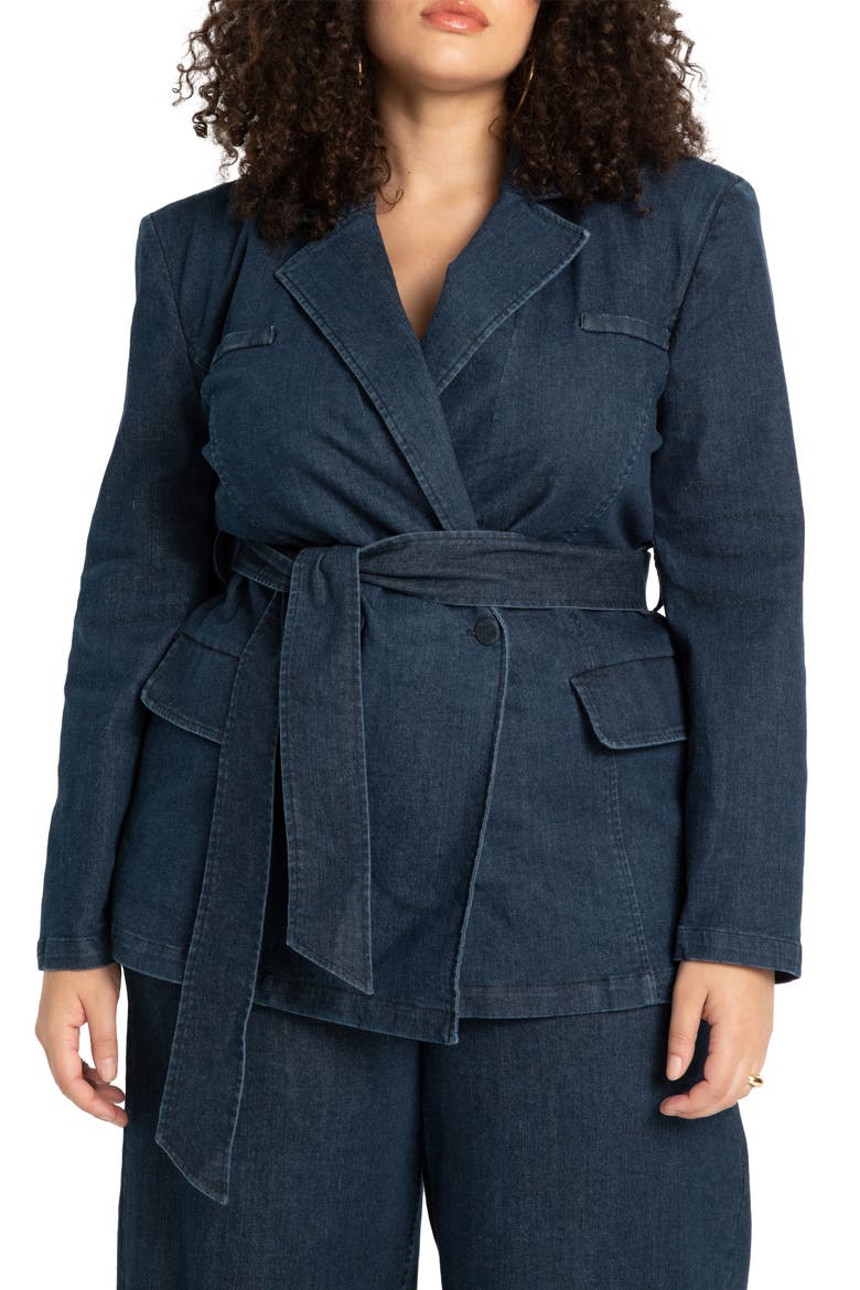 Belted Denim Wrap Blazer, Main, color, DARK WASH