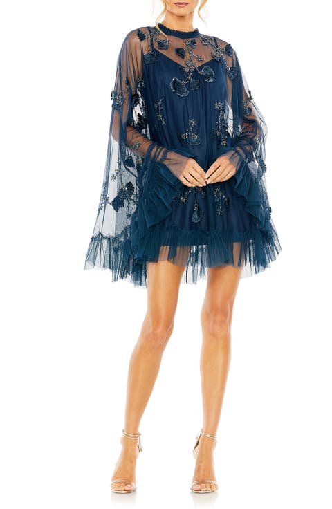 Embellished Long Sleeve Trapeze Dress with Ruffle Hem