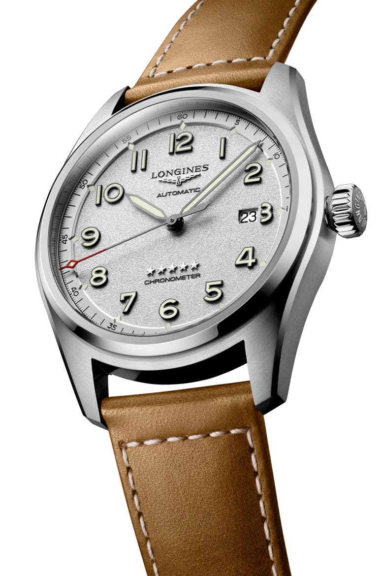 Spirit Automatic Leather Strap Watch, 42mm, Alternate, color, TAN/ SILVER