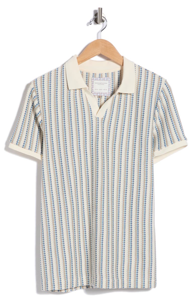 DENIM AND FLOWER Johnny Collar Knit Polo, Alternate, color, Cream/ Blue