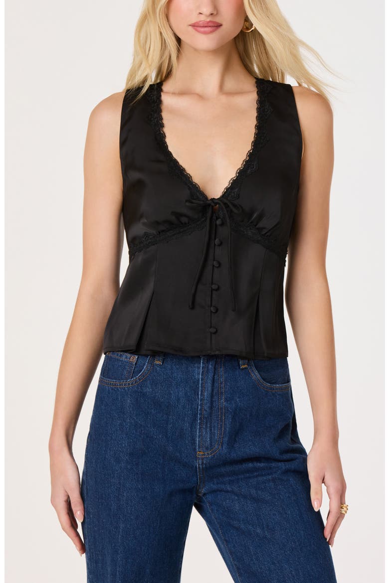 Myrna Lace-Trimmed Satin Top, Main, color, BLACK