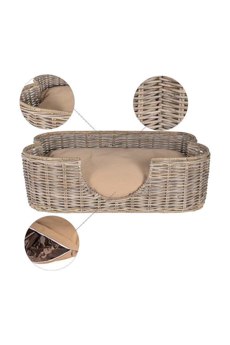 Scallop Tropical Handwoven Rattan Pet Bed with Machine Washable Cushion, Alternate, color, Kubu Gray