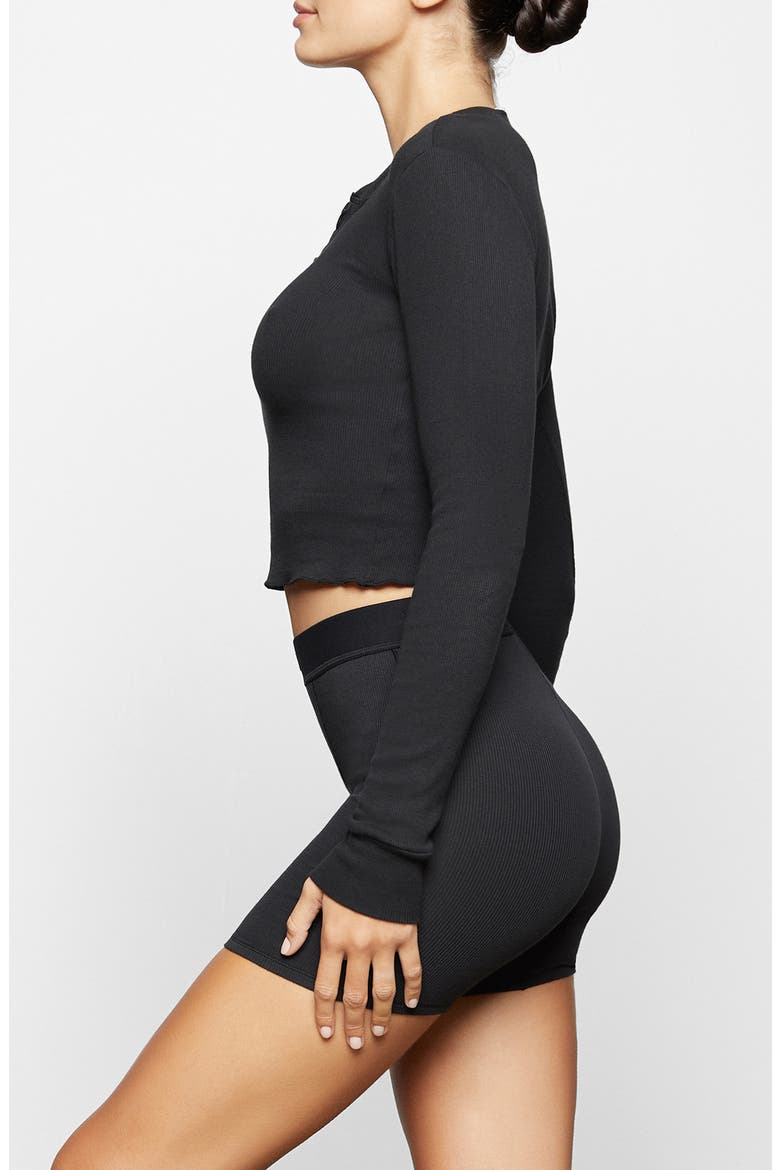 Long Sleeve Crop Stretch Cotton Rib Henley, Alternate, color, ONYX