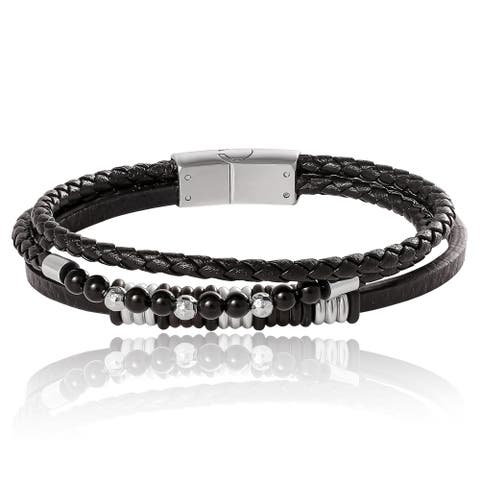 Stainless Steel Triple Row Black Cord Bracelet - 8.25"