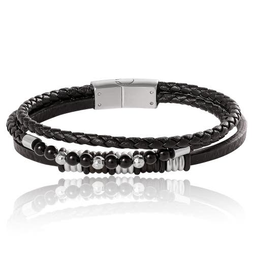 Lucky Brand Stainless Steel Triple Row Black Cord Bracelet - 8.25" in Black, Silver 