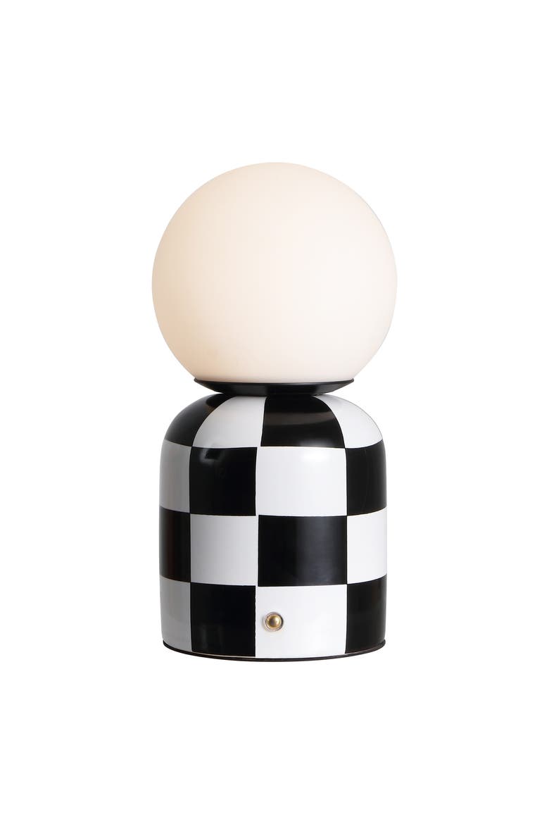 Zira Modern Checkerboard Ceramic Rechargeable Cordless Integrated Portable Dimmable with Frosted Globe Shade LED Table Lamp, Main, color, Black/White