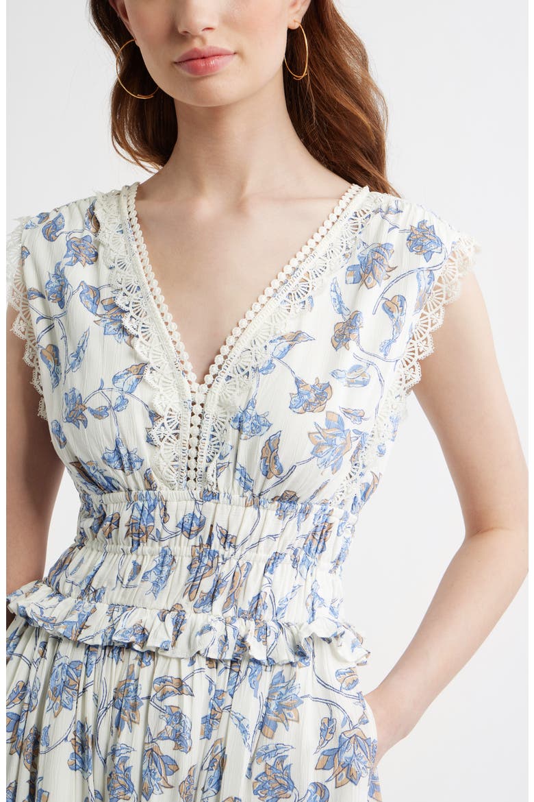Floral Lace Trim Tiered Midi Dress, Alternate, color, IVORY- BLUE BOHO BLOOM