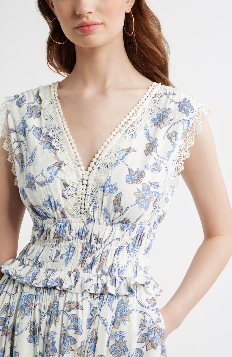 Treasure & Bond Floral Lace Trim Tiered Midi Dress, Alternate, color, Ivory- Blue Boho Bloom