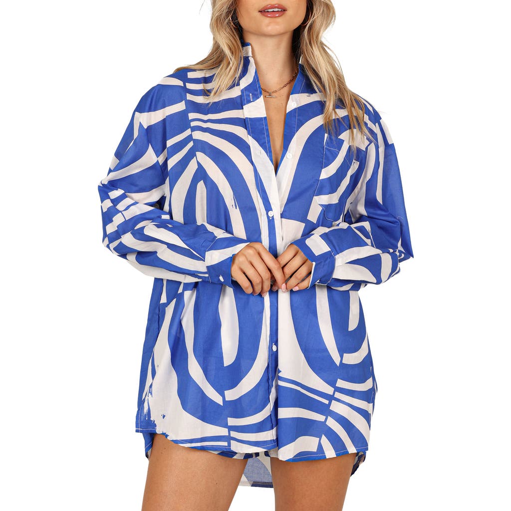 Petal And Pup Petal & Pup Heather Print Oversized Cotton Button-up Shirt In Blue