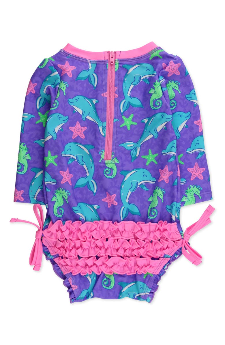 RuffleButts Kids' Fin Friends Long Sleeve One-Piece Rashguard Swimsuit, Alternate, color, Purple