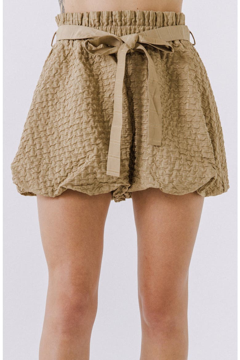 Metallic Thread Textured Tie Waist Bubble Shorts, Alternate, color, TAN