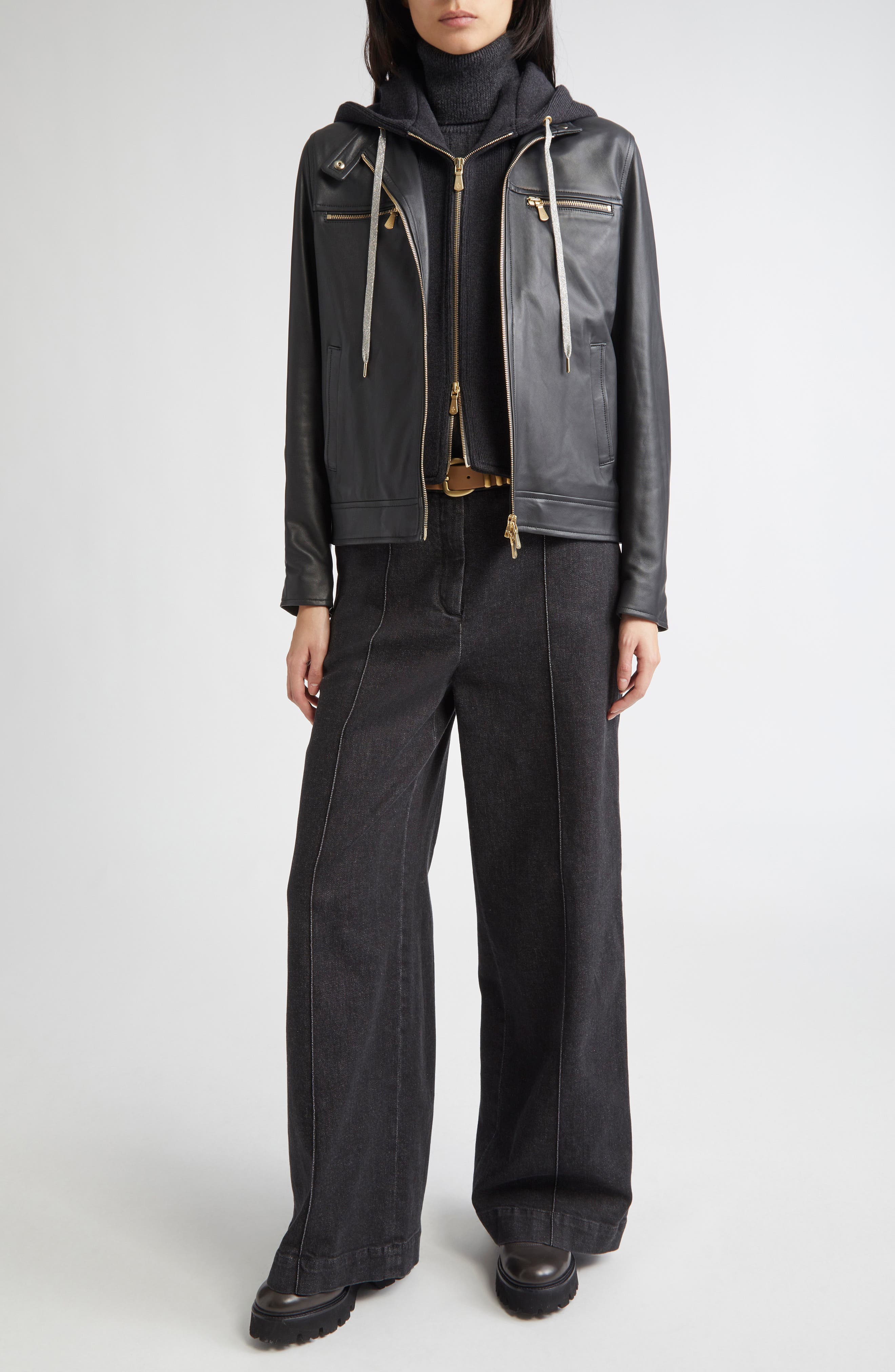 Leather Biker Jacket with Removable Hooded Bib - image 2