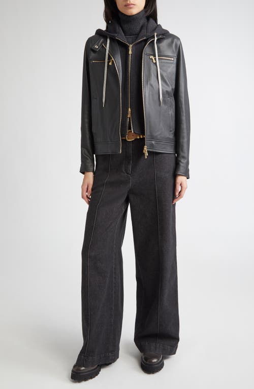 Eleventy Leather Biker Jacket With Removable Hooded Bib In Black
