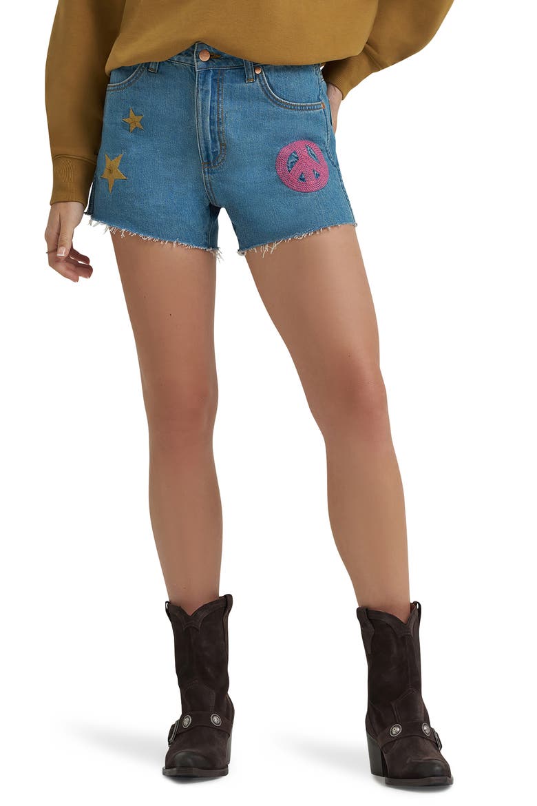 x Lainey Wilson Embroidered Cowboy Denim Cutoff Shorts, Main, color, DENIM