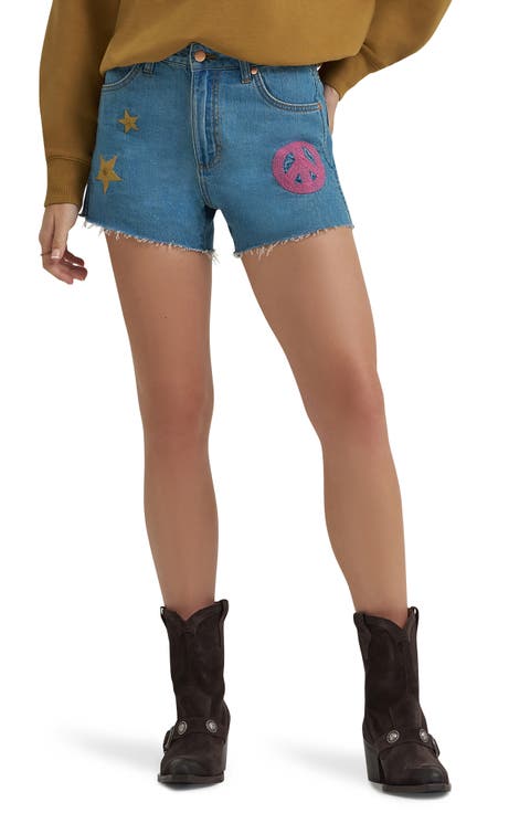 Lainey Wilson x Wrangler Embroidered Cowboy Denim Cutoff Shorts
