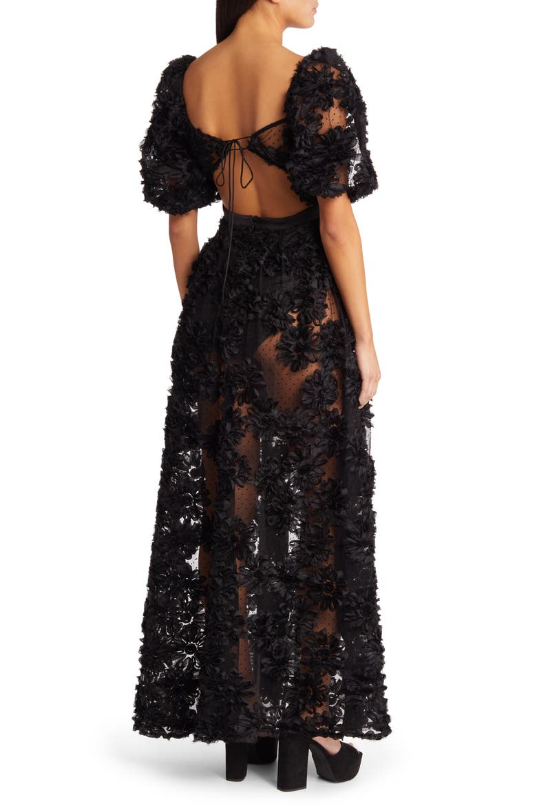 Astrid Embroidered Back Cutout Flock Dot Gown, Alternate, color, BLACK