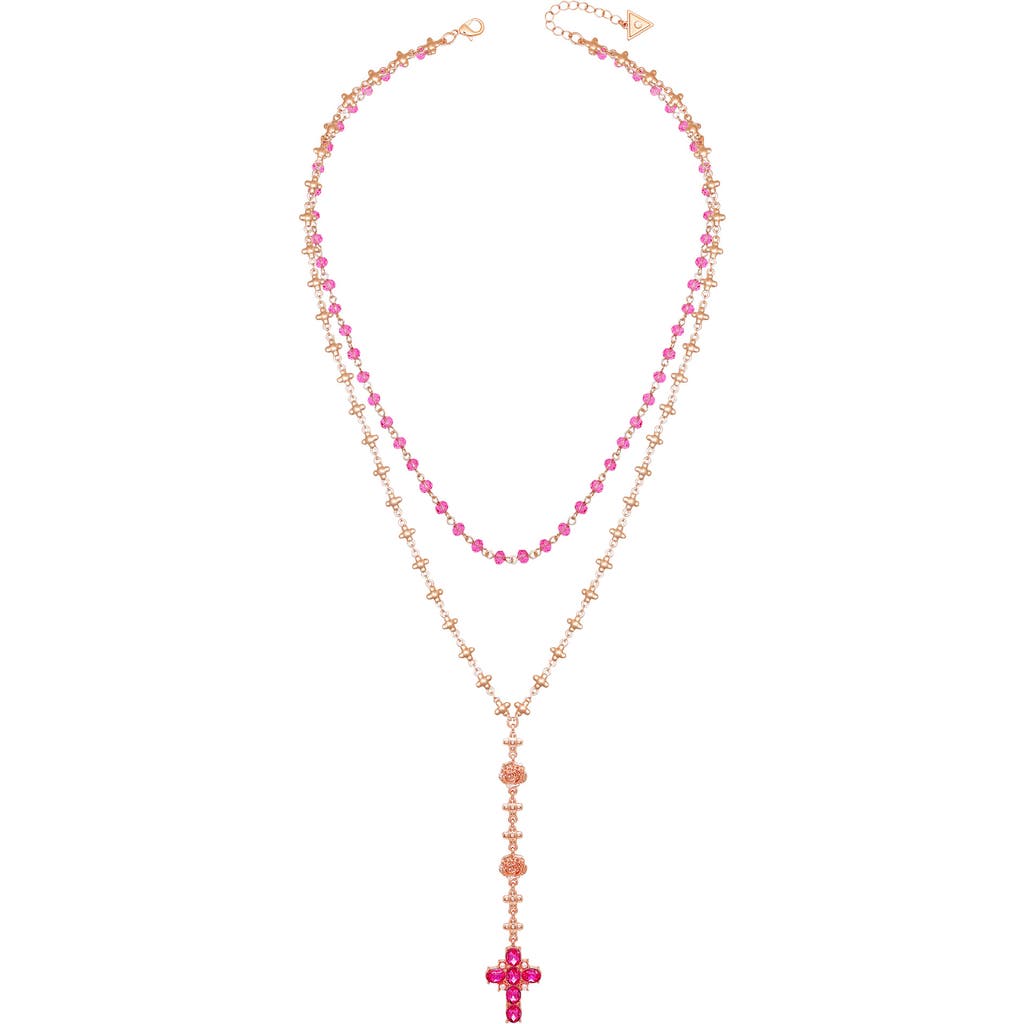 Guess Crystal Cross Charm Layered Necklace In Pink