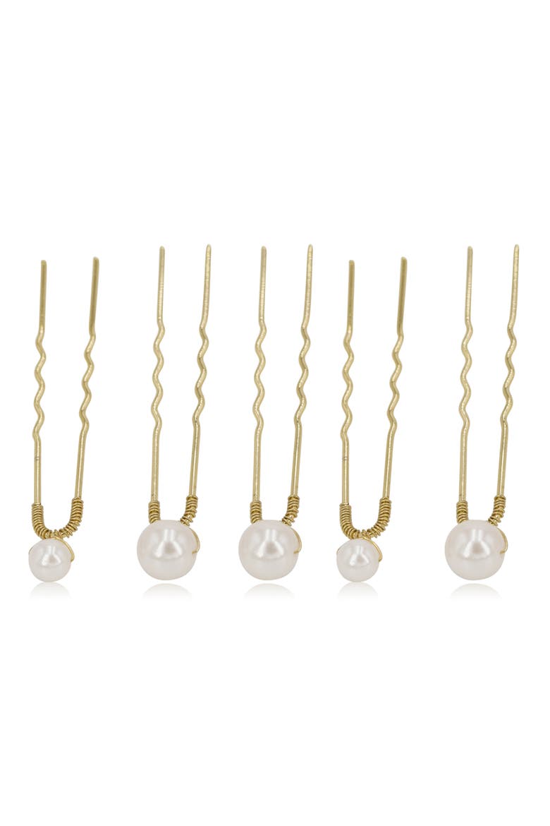 Iva Set of 5 Imitation Pearl Bobby Pins, Main, color, GOLD