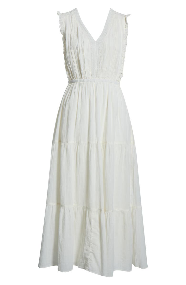 Lucky Brand Lace Detail Tiered Cotton Midi Dress, Main, color, Whisper White