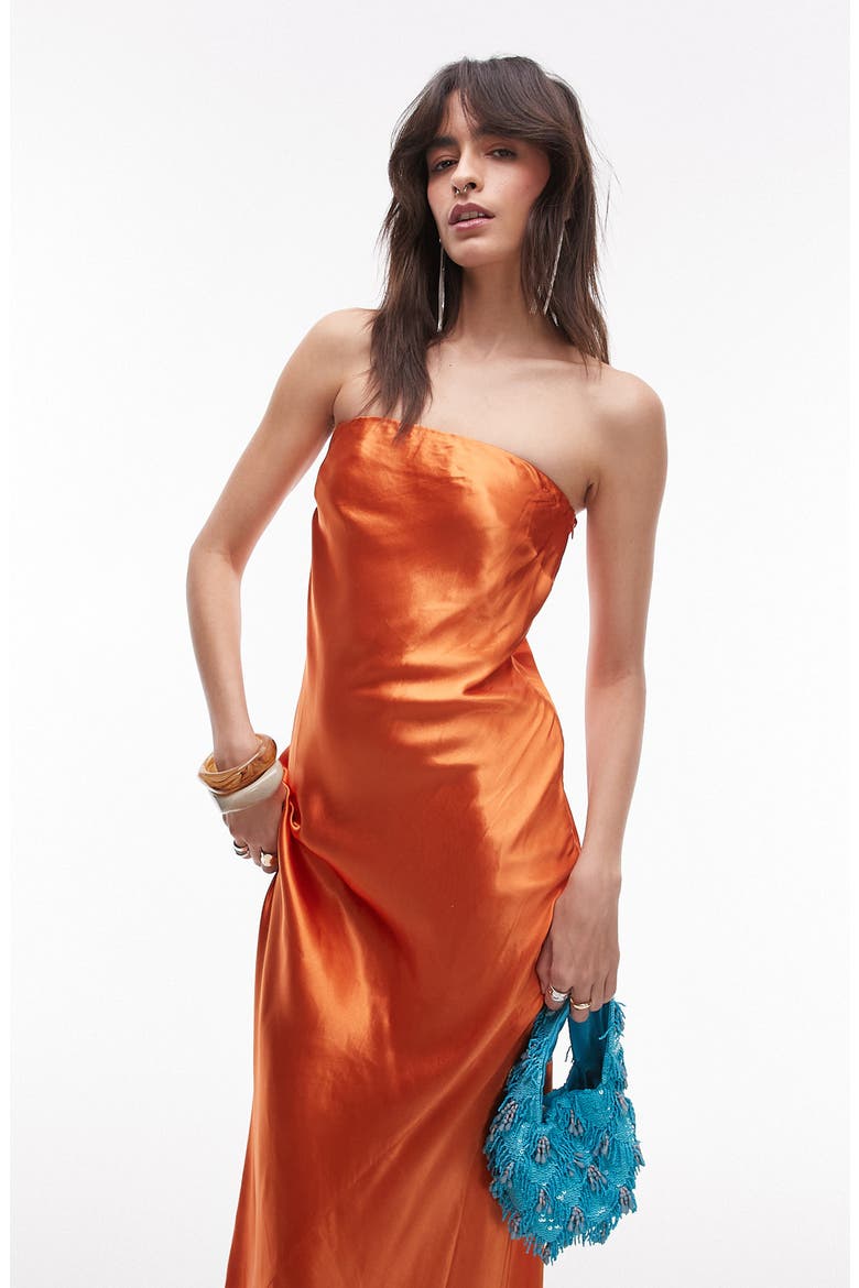 Strapless Satin Maxi Dress, Alternate, color, METALLIC ORANGE