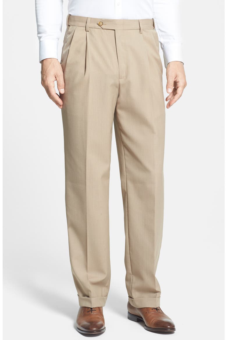 Self Sizer Waist Plain Weave Pleated Washable Trousers, Alternate, color, TAN